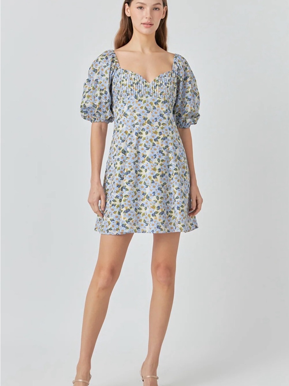 endless rose Floral Puff-Sleeve Mini Dress - Blue - M